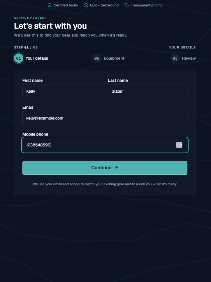 FlowState customer intake — the “Let’s start with you” contact step on a phone-sized form.