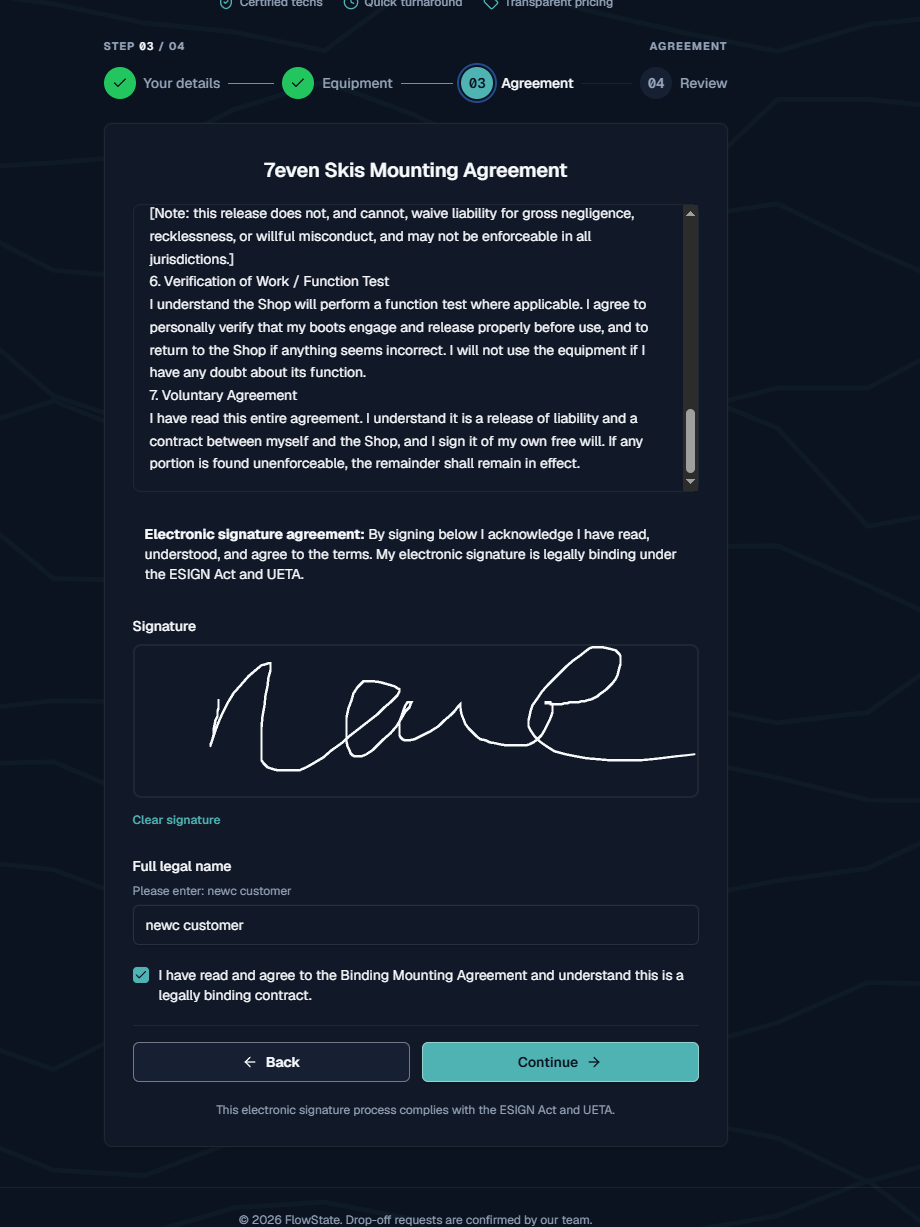 Intake mounting-agreement step — the binding agreement signed with a drawn signature.